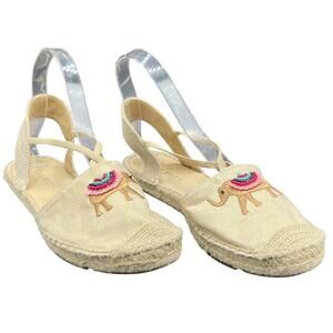 🧵 Talbots Beige Espadrille Slingback Flats Elephant Embroidered Beaded Boho Y2K